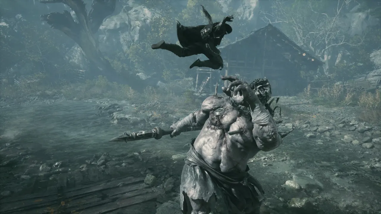 A fighter leaps above a large opponent in a ruined outdoor arena