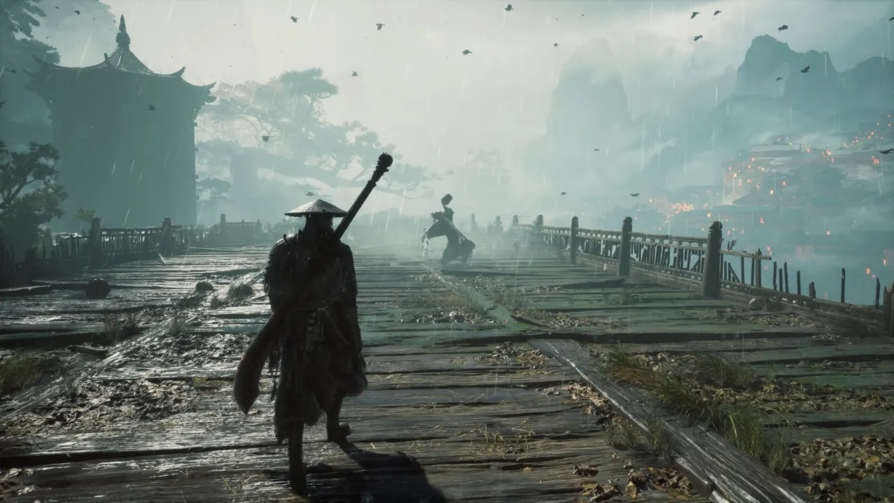 A cloaked fighter approaches an opponent across a misty walkway